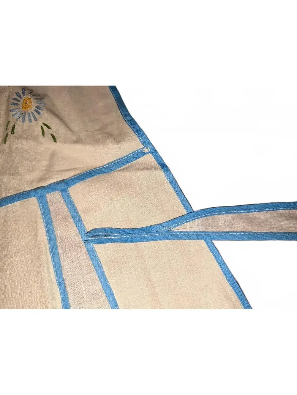 Vintage Embroidered Cotton Apron with Blue Trim and Floral Design